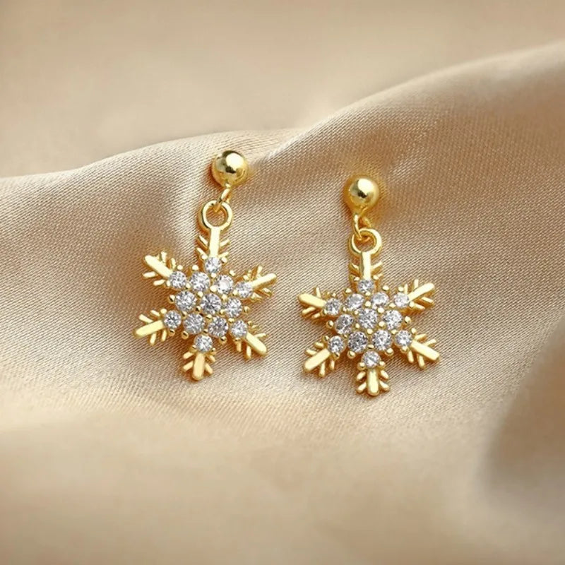 Winter Snowflake Dangle Earrings for Women Gold