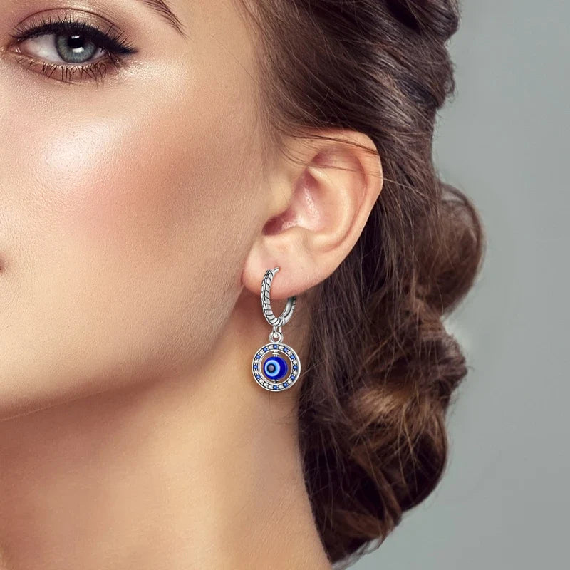 Round Blue Evil Eye Earrings With Beads