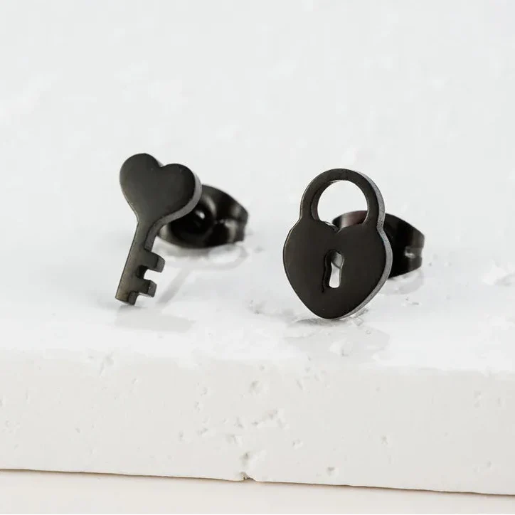 Minimalist key and lock black earrings