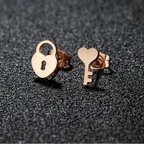 Minimalist key and lock rose gold earrings