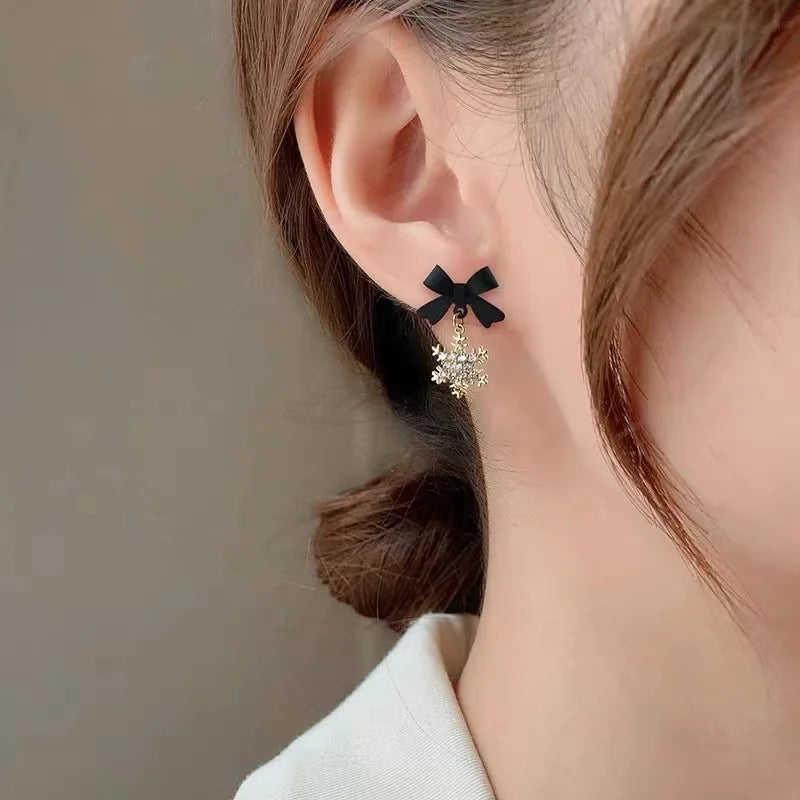 Snowflake Bow Earrings Winter Women's Black
