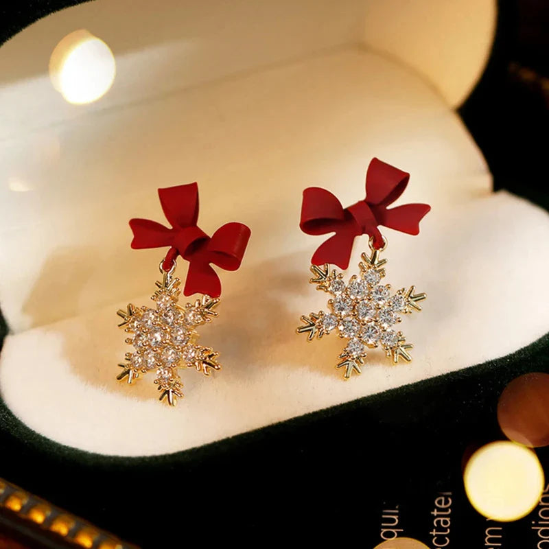 Snowflake Bow Earrings Winter Women's Red