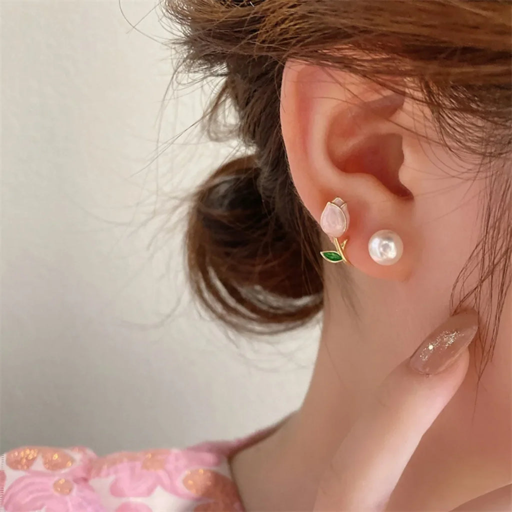 Tulip Flower and Pink Pearl Dangle Earrings