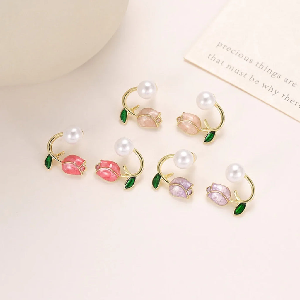 Tulip Flower and Purple Pearl Dangle Earrings