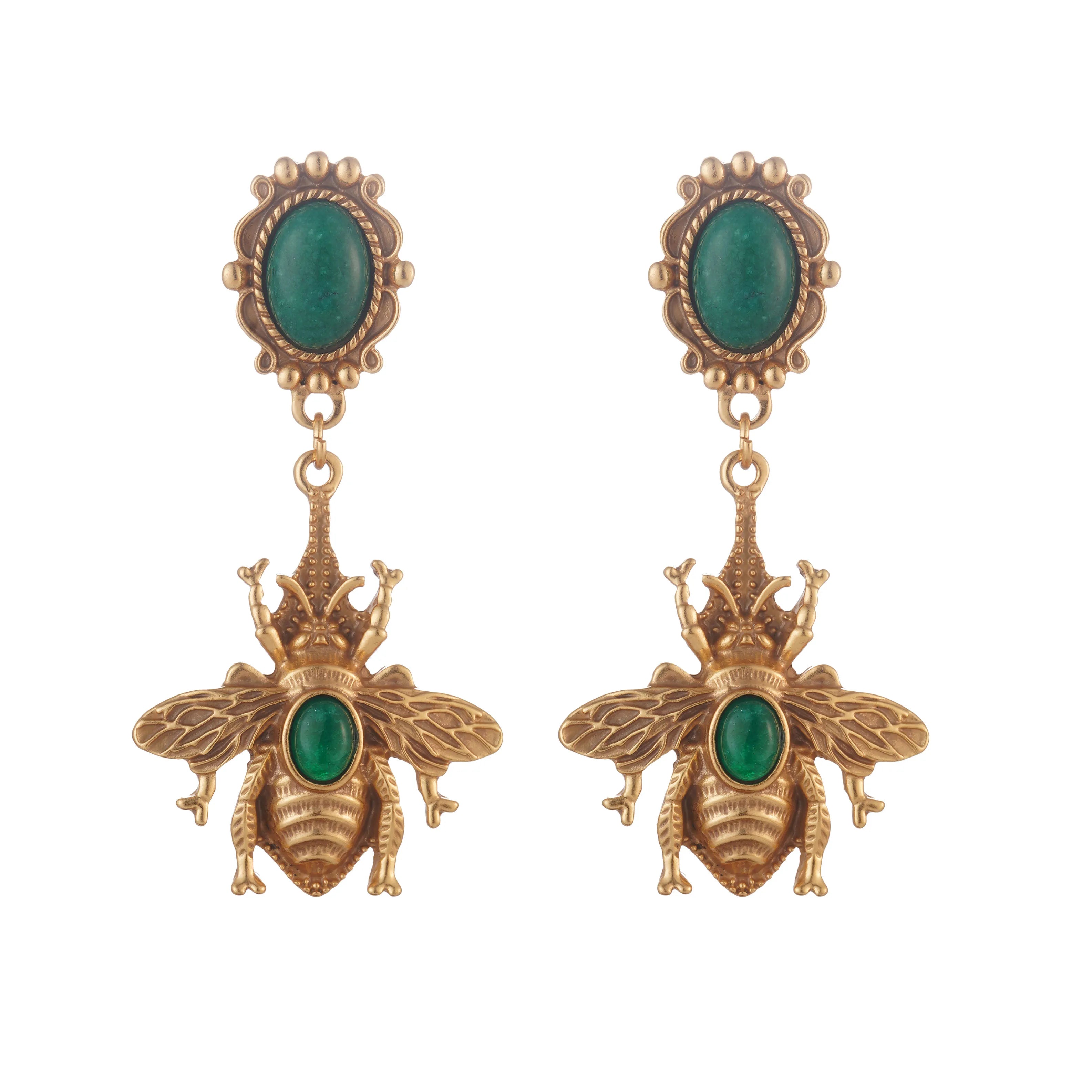 Green bee dangling earrings