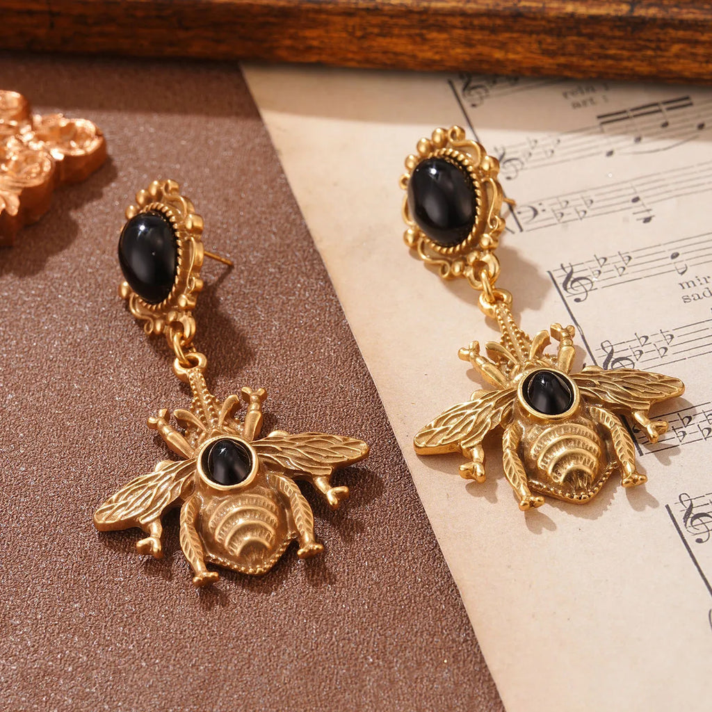 Black bee dangling earrings
