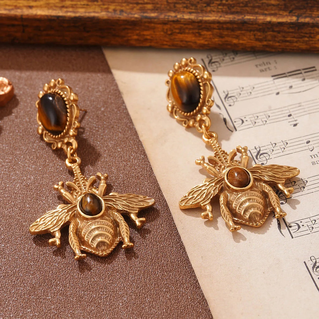Tiger's eye bee dangling earrings