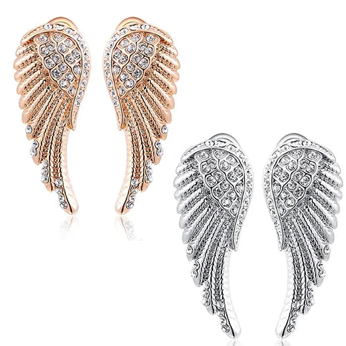 Angel wing dangling earrings with rhinestones 