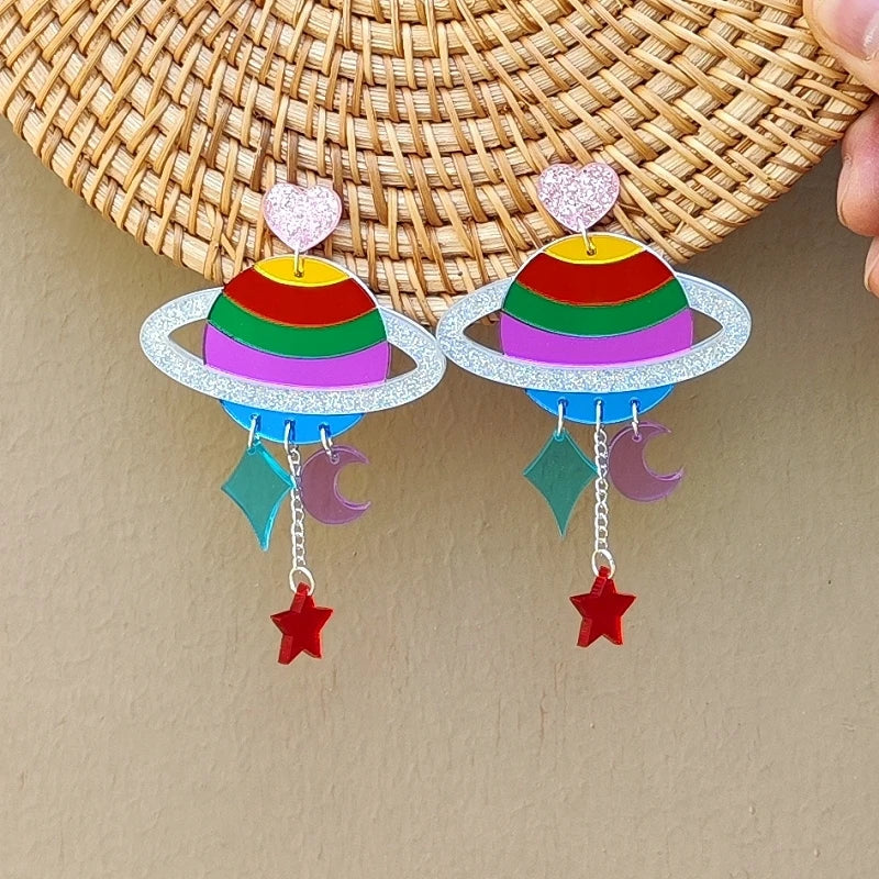 Rainbow planet dangle earrings
