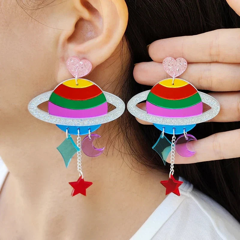 Rainbow planet dangle earrings
