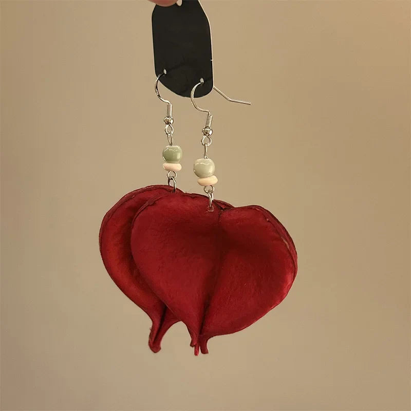 Dangle Earrings with Red Colored Leaf