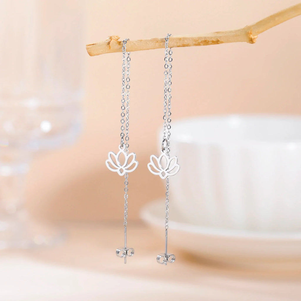 Dangle Earrings with Delicate Lotus Flower in silver