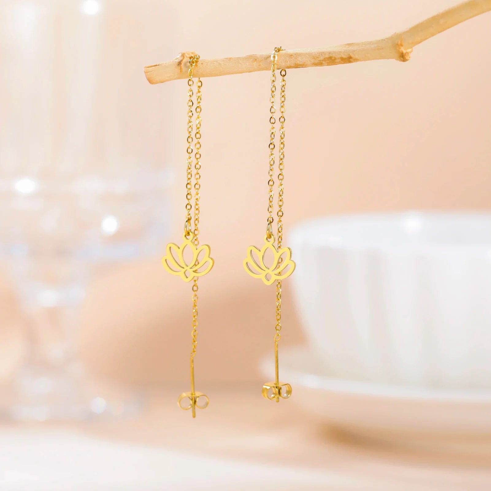 Dangle Earrings with Delicate Lotus Flower in gold