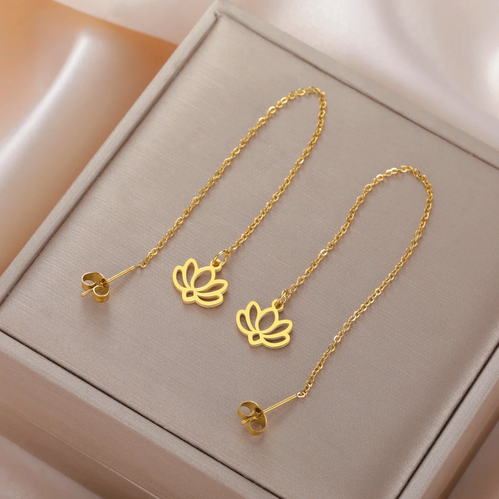 Dangle Earrings with Delicate Lotus Flower in gold