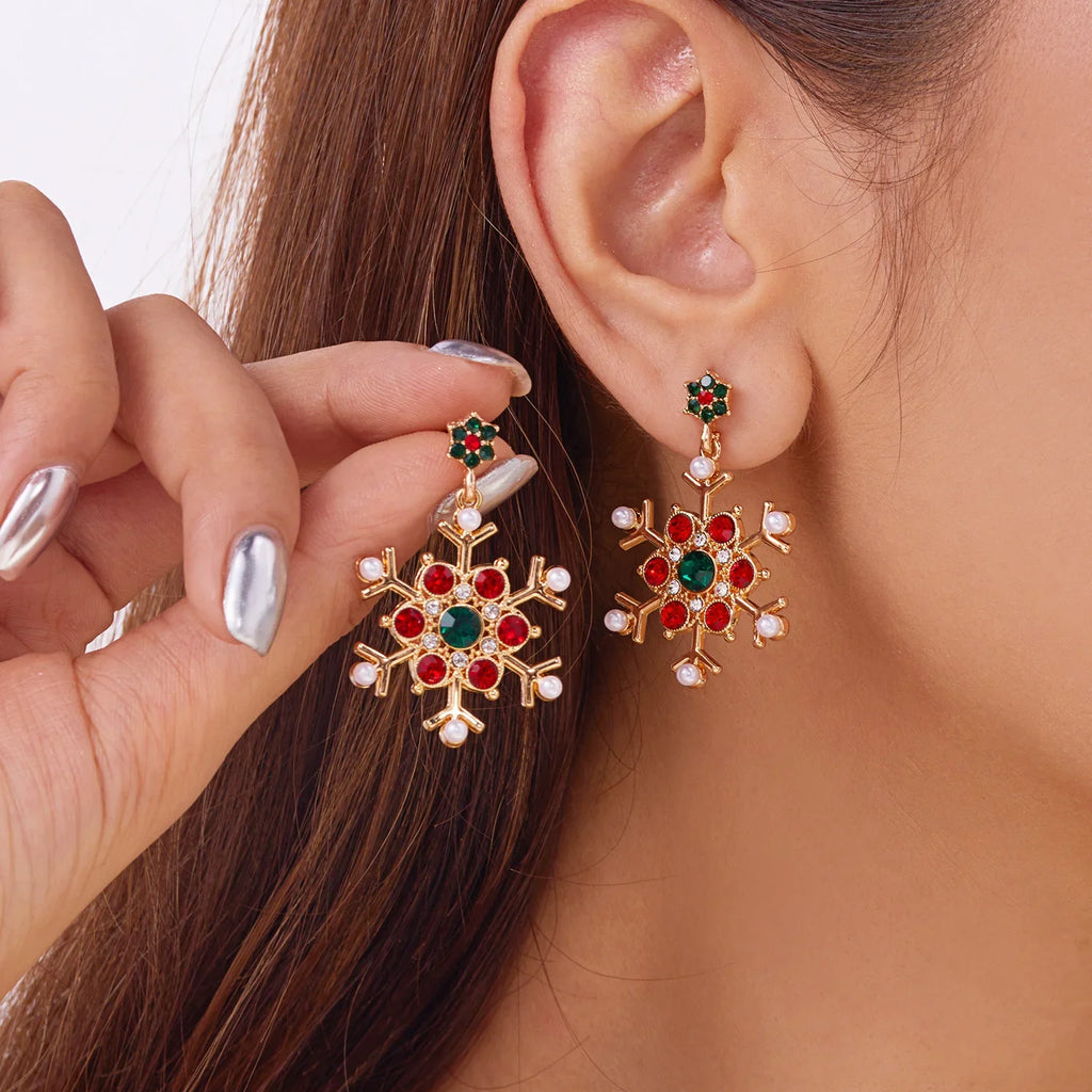 Dangling Earrings with Red Snowflake 