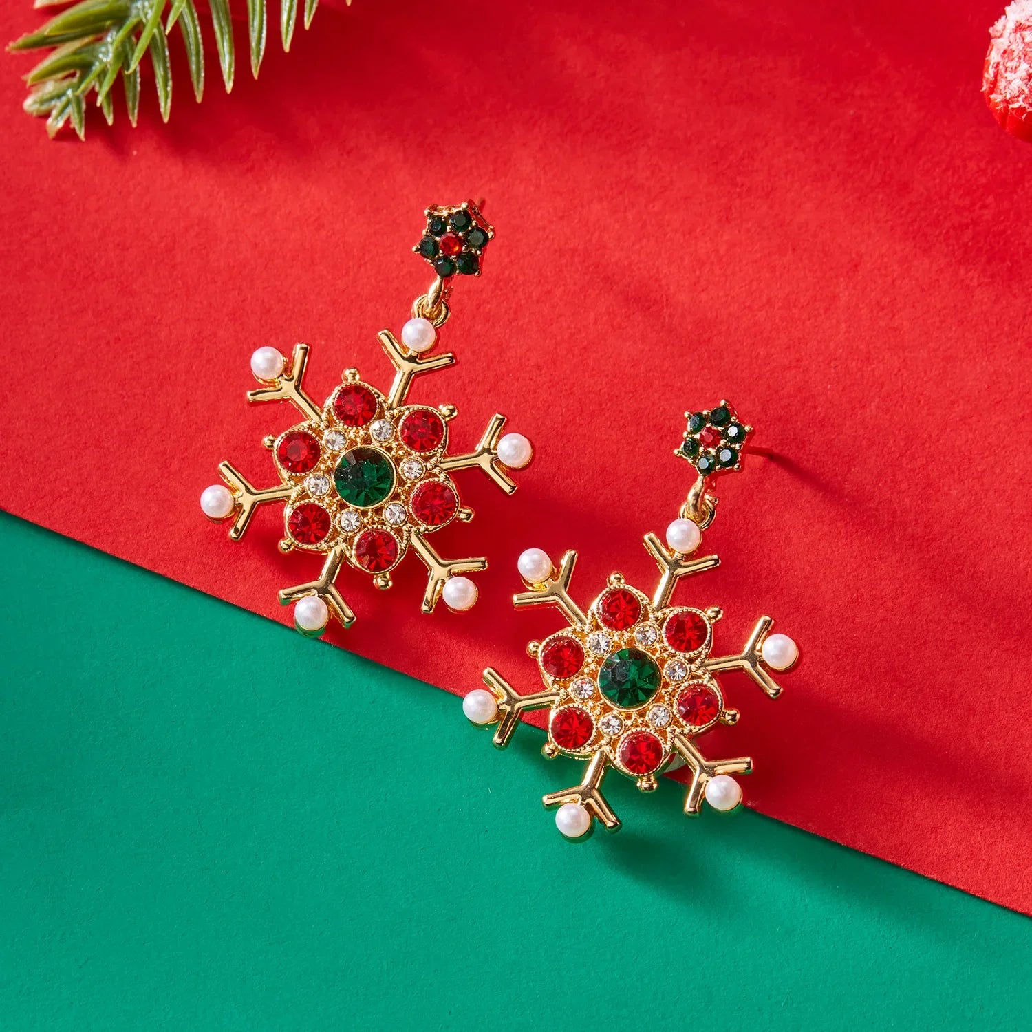 Dangling Earrings with Red Snowflake 