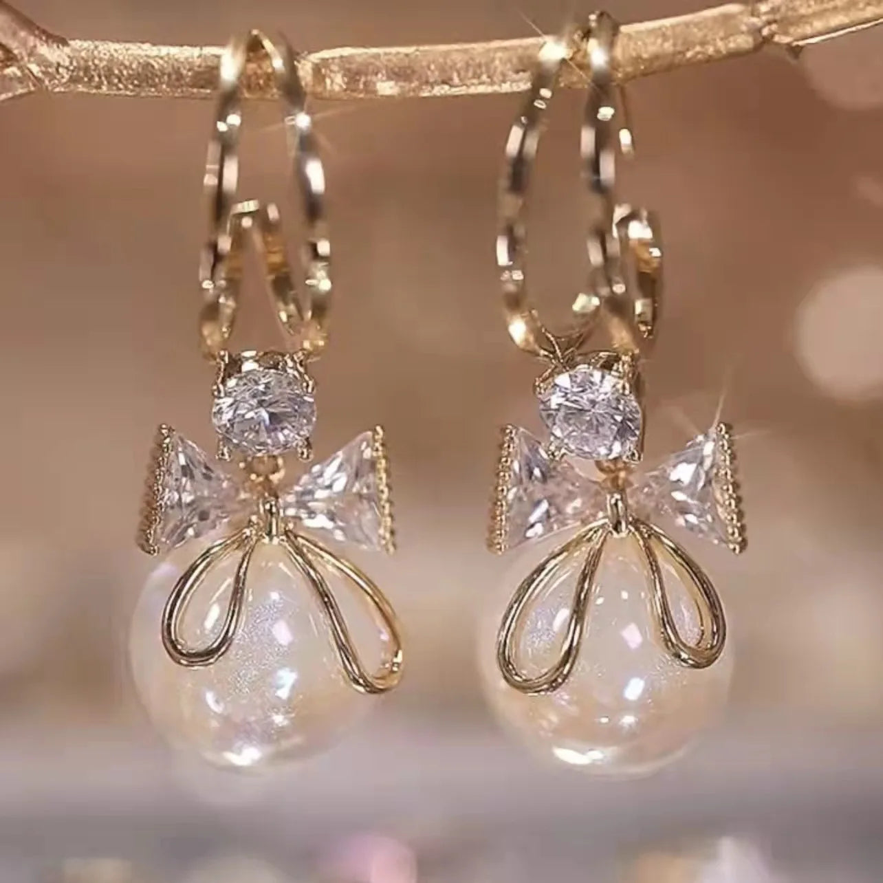 Drop Earrings with Bow Tie and Pearl