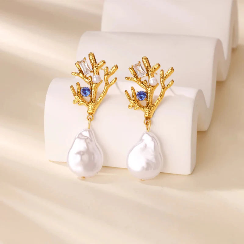 Coral Drop Earrings with Pearl and Blue Zircon
