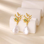 Coral Drop Earrings with Pearl and Green Zircon