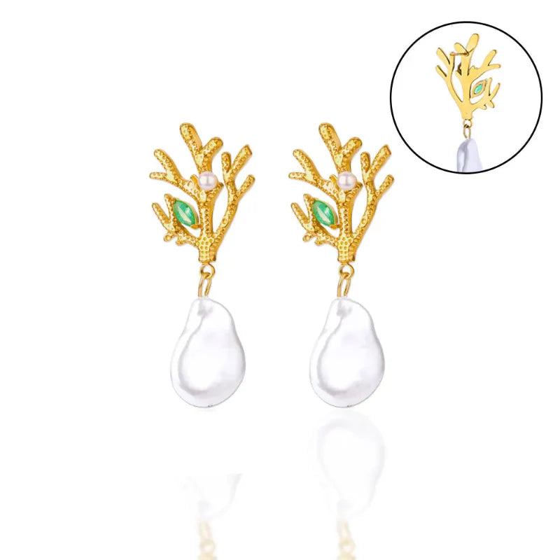 Coral Drop Earrings with Pearl and Green Zircon