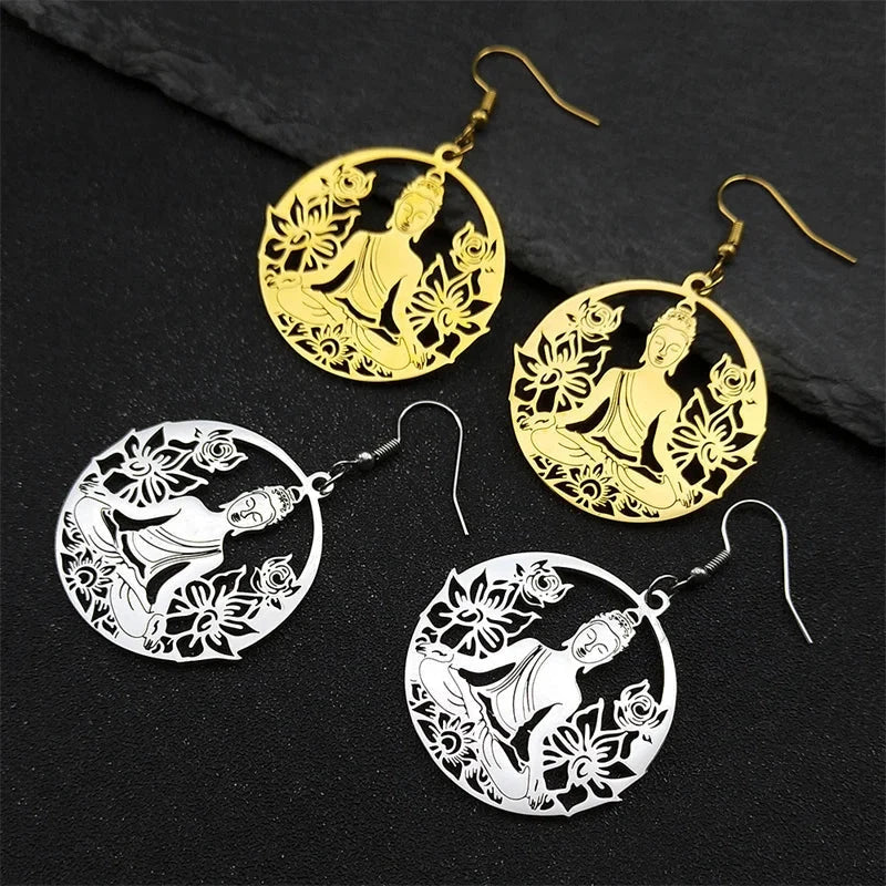 Buddha and Lotus Flower Drop Earrings gold