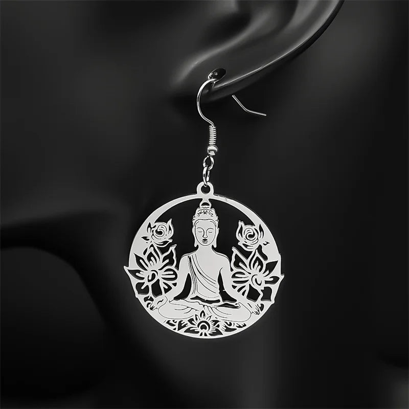 Buddha and Lotus Flower Drop Earrings silver
