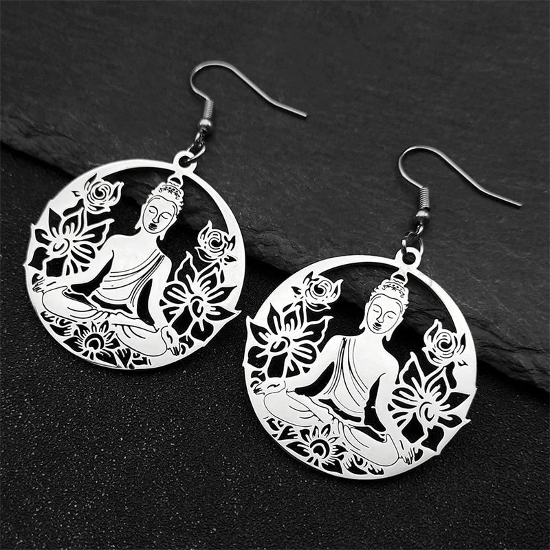 Buddha and Lotus Flower Drop Earrings silver