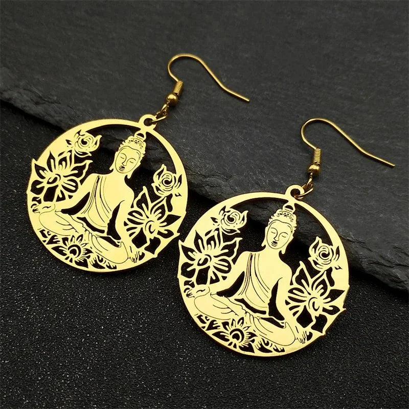 Buddha and Lotus Flower Drop Earrings gold