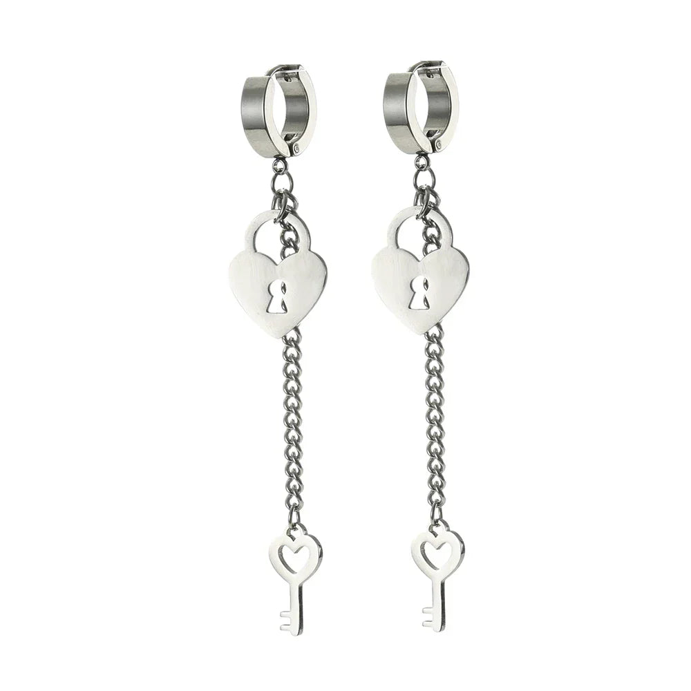 Silver key and lock dangle earrings