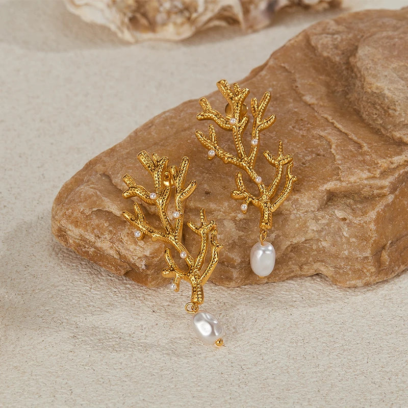Coral and White Pearl Dangle Earrings