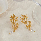 Coral and White Pearl Dangle Earrings