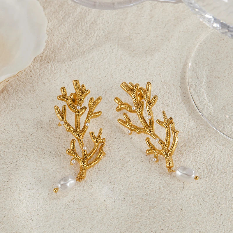 Coral and White Pearl Dangle Earrings