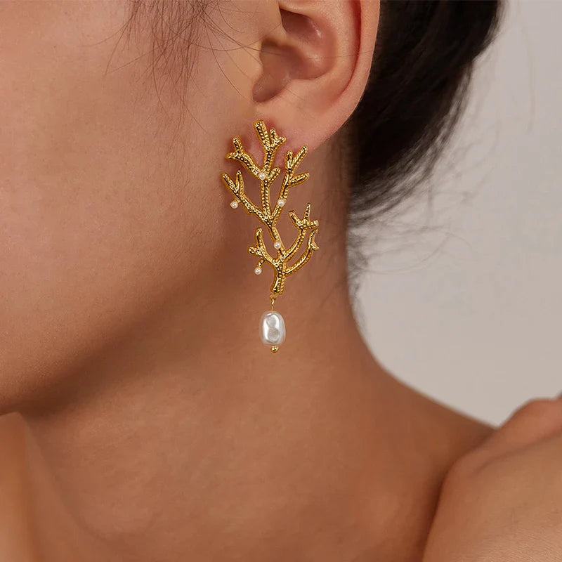 Coral and White Pearl Dangle Earrings