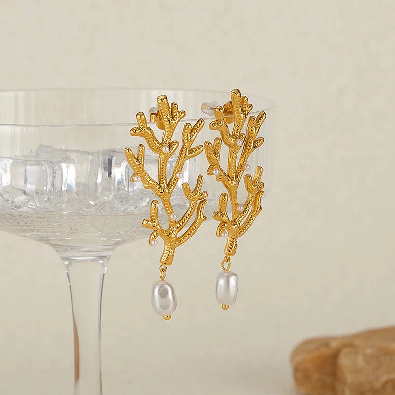 Coral and White Pearl Dangle Earrings