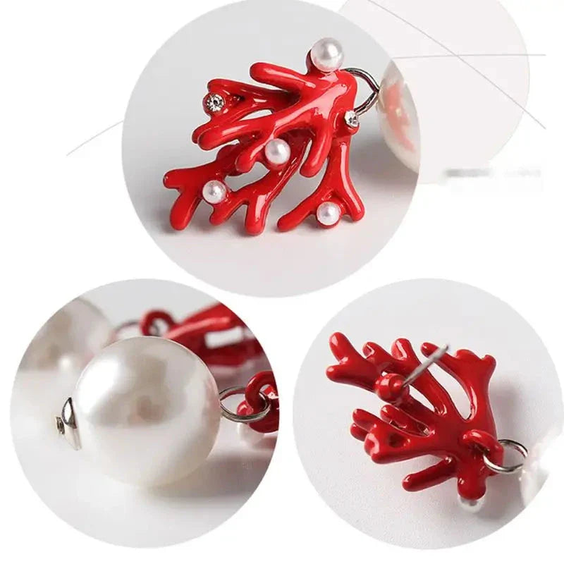 Red Coral and Pearl Drop Earrings