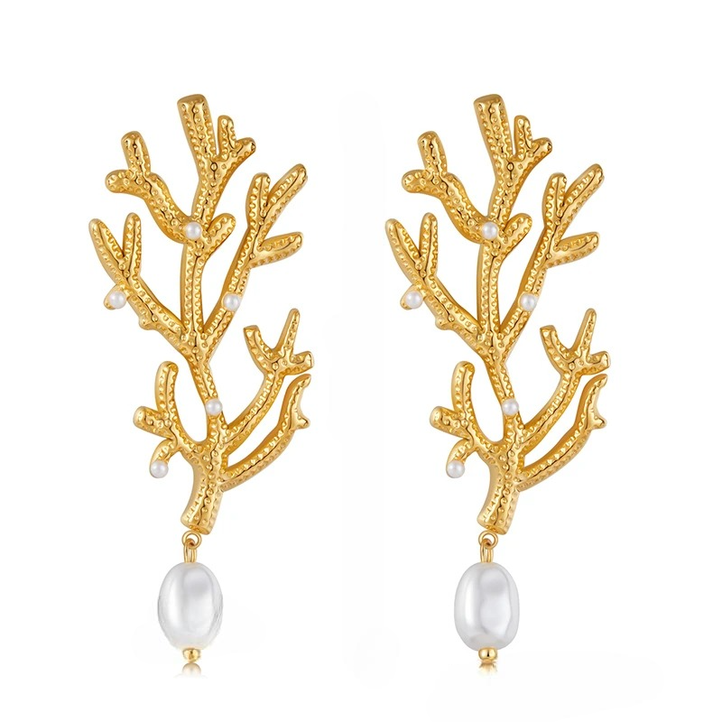 Coral and White Pearl Dangle Earrings