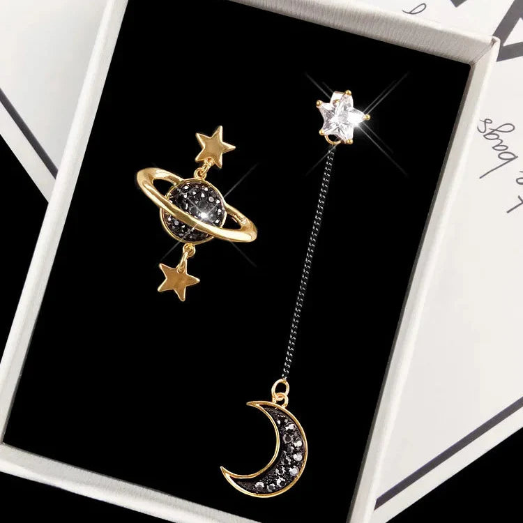 Moon Crescent and Stars Dangle Earrings