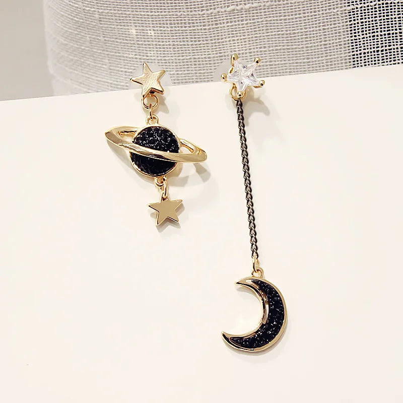 Moon Crescent and Stars Dangle Earrings