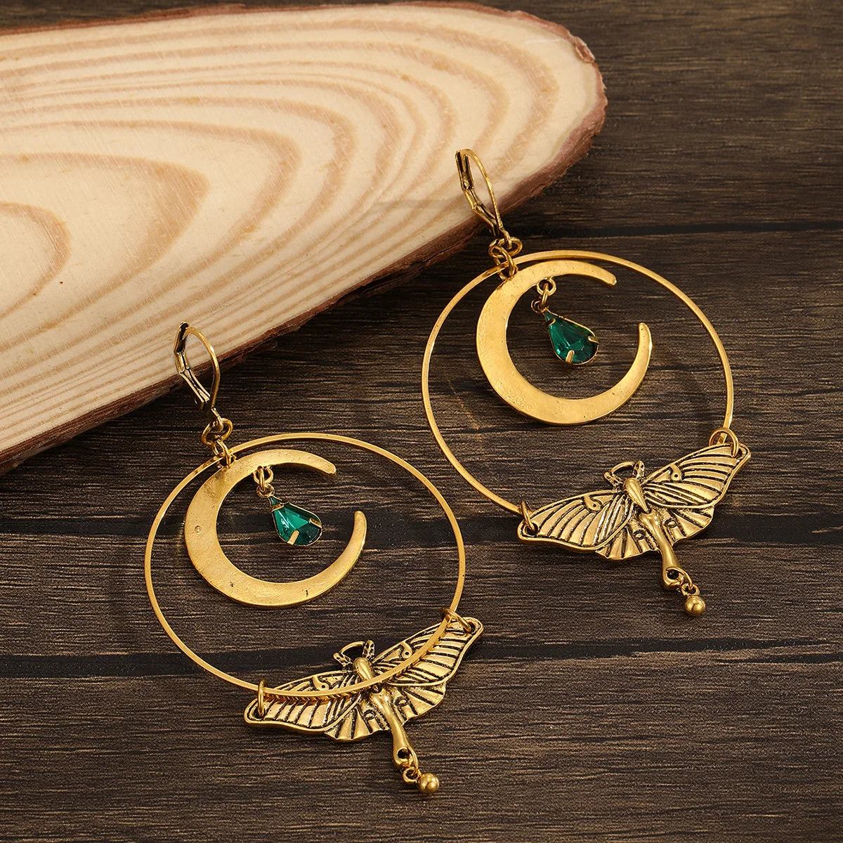Moon Crescent and Moth Dangle Earrings