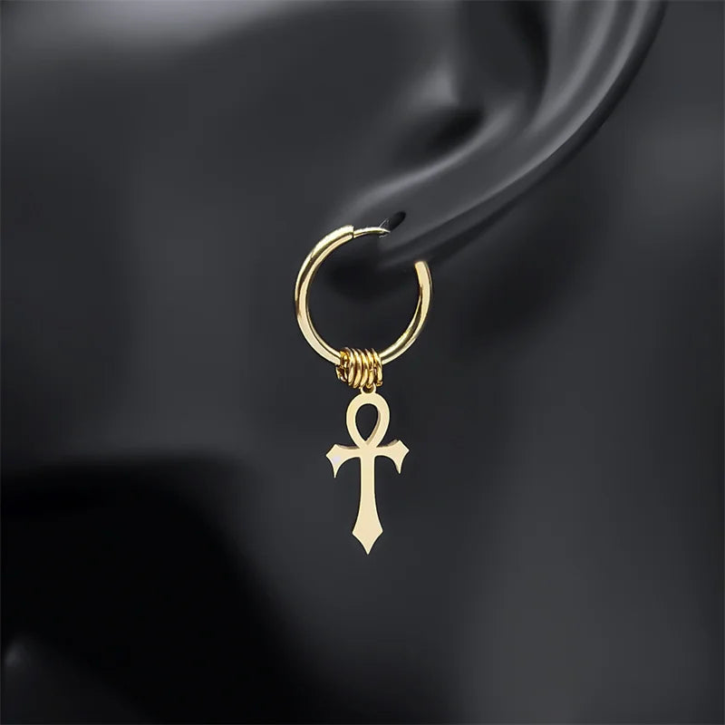 Ankh Cross Dangle Earrings for Men or Women gold