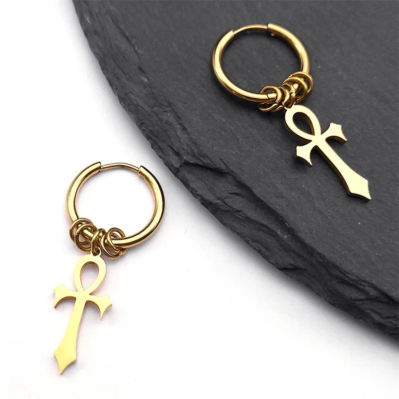 Ankh Cross Dangle Earrings for Men or Women gold
