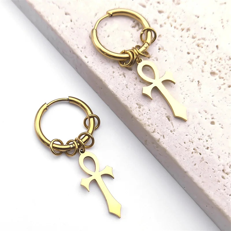 Ankh Cross Dangle Earrings for Men or Women gold