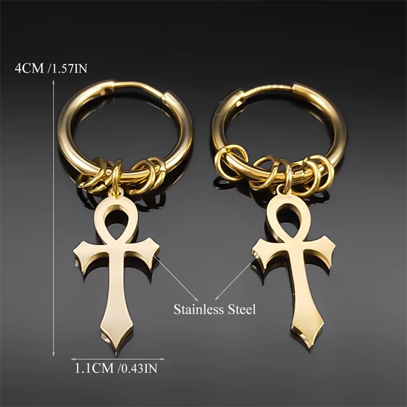 Ankh Cross Dangle Earrings for Men or Women