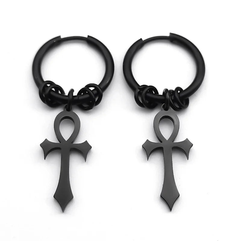 Ankh Cross Dangle Earrings for Men or Women black