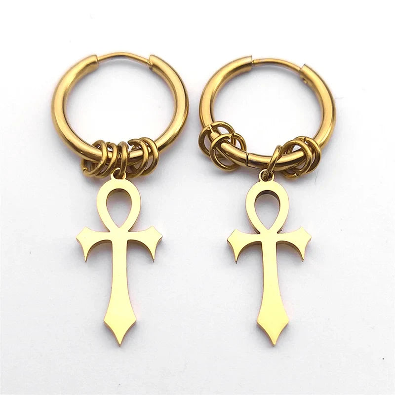 Ankh Cross Dangle Earrings for Men or Women gold