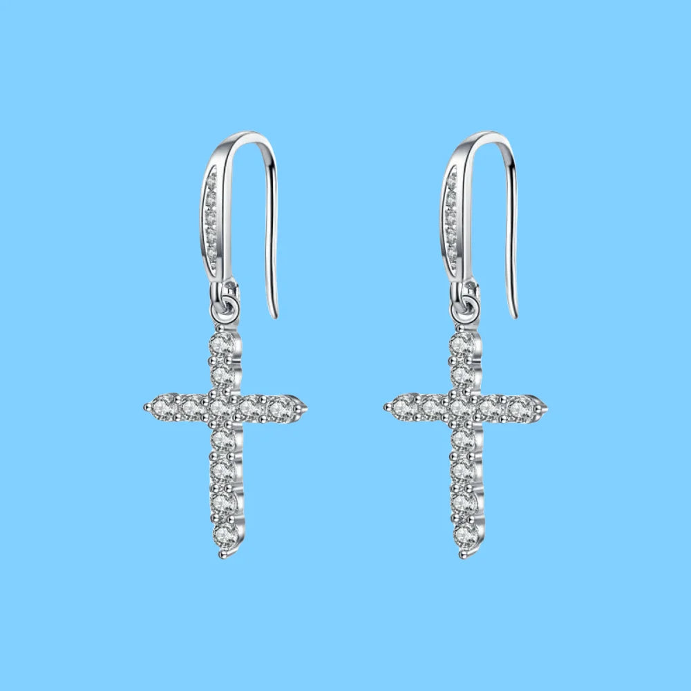Silver Zircon Cross Drop Earrings