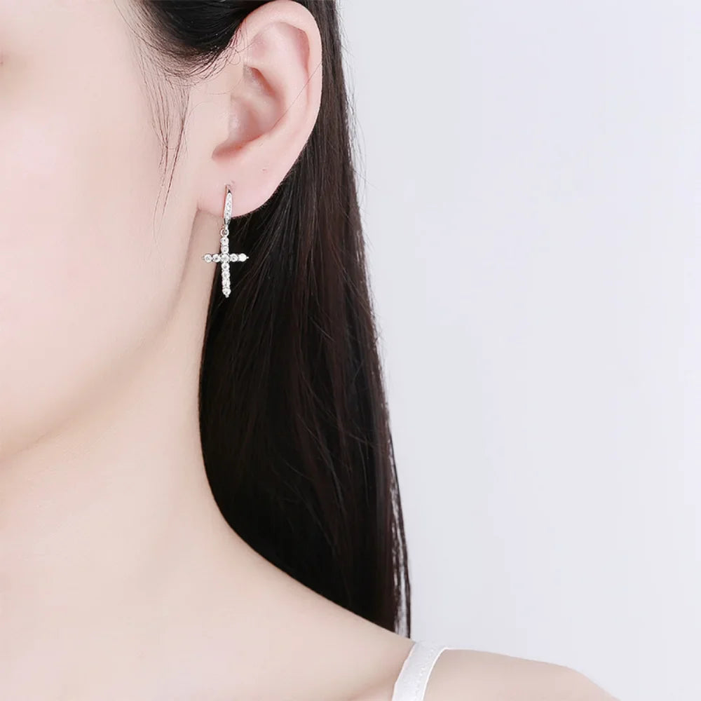 Silver Zircon Cross Drop Earrings