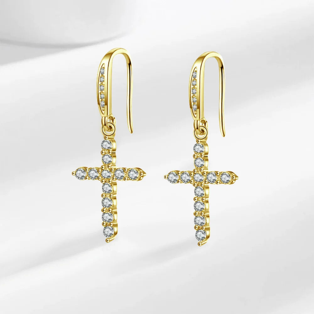 Gold Zircon Cross Drop Earrings