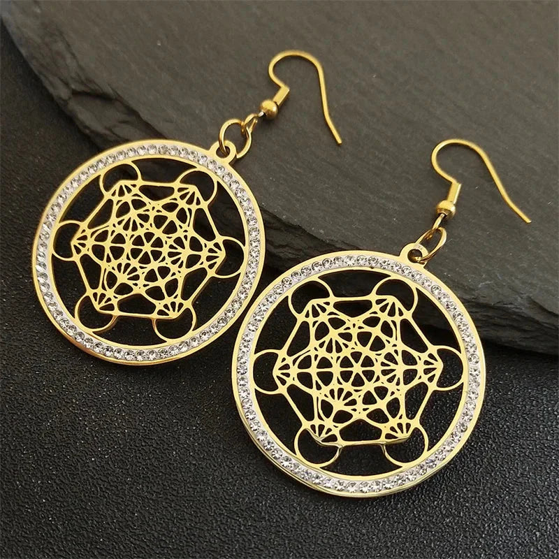 Metatron Cube Drop Earrings Gold