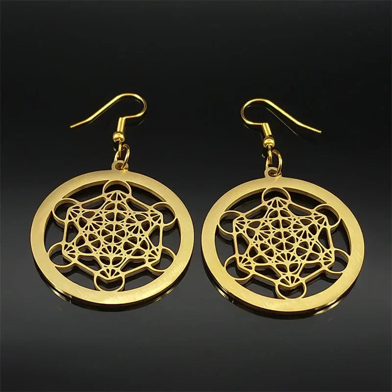Metatron Cube Drop Earrings Gold